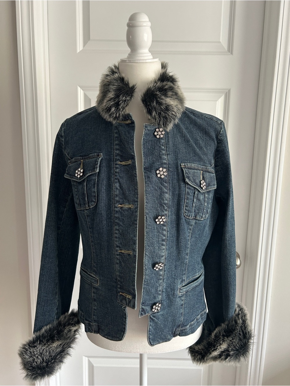 INC Faux Fur Trimmed Denim Jacket SZ M